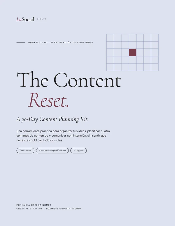 Portada del workbook «The Content Reset», un kit de planificación de contenido para 30 días de LuSocial Studio.