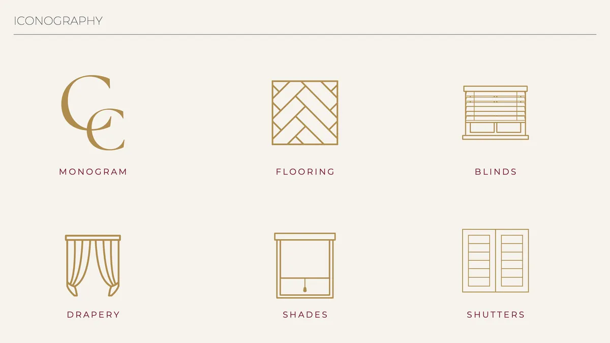 Iconografía en línea dorada: monograma, flooring, blinds, drapery, shades y shutters.