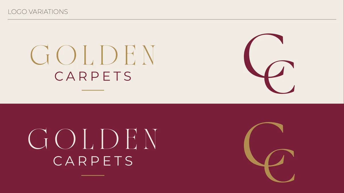 Variaciones del logotipo y del monograma GC, en versión burdeos sobre marfil y dorado sobre burdeos.