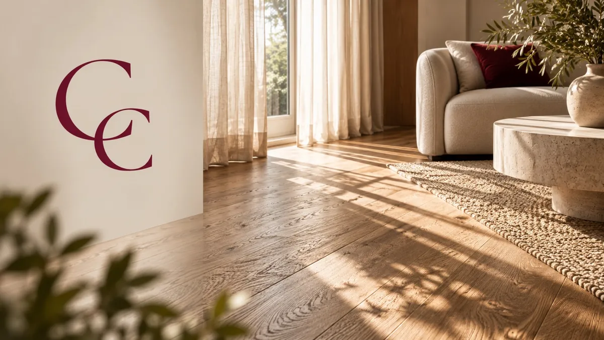 Monograma GC en burdeos sobre una pared marfil, junto a un salón con suelo de roble y cortinas de lino.