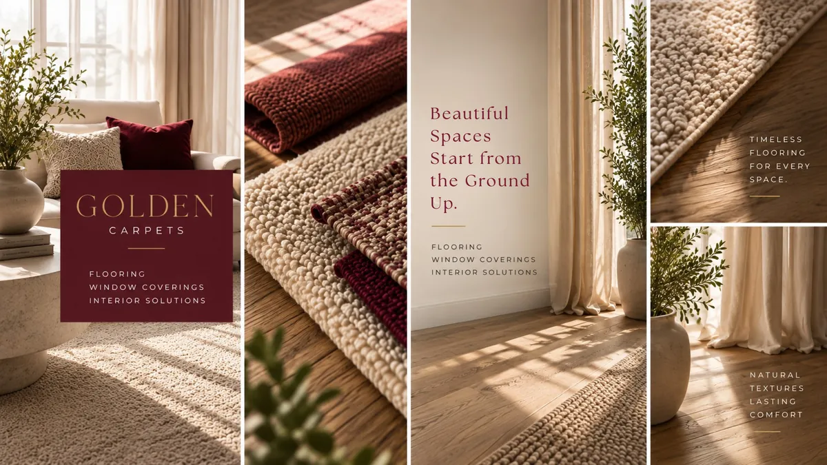 Piezas para redes sociales sobre alfombras y suelos, con los mensajes «Beautiful Spaces Start from the Ground Up» y «Timeless flooring for every space».