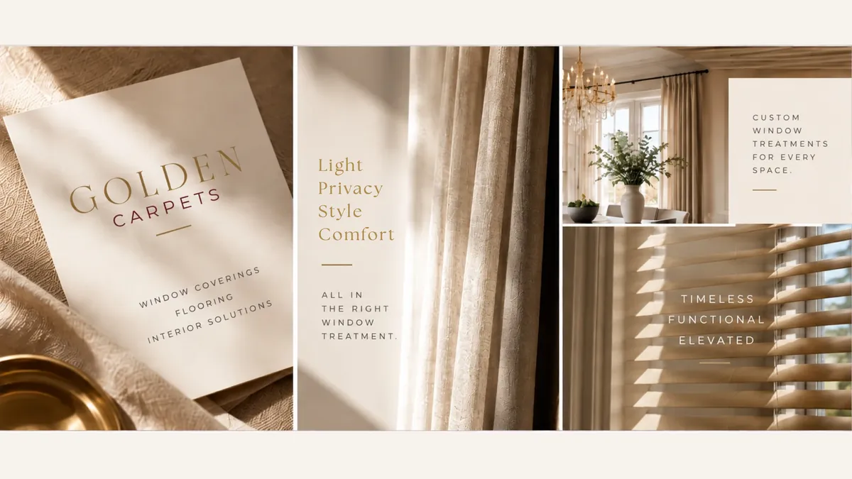 Piezas para redes sociales sobre cortinas y persianas, con los mensajes «Light, Privacy, Style, Comfort» y «Custom window treatments for every space».