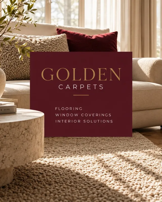 Logotipo de Golden Carpets sobre un bloque burdeos, en un salón con alfombra de lana.