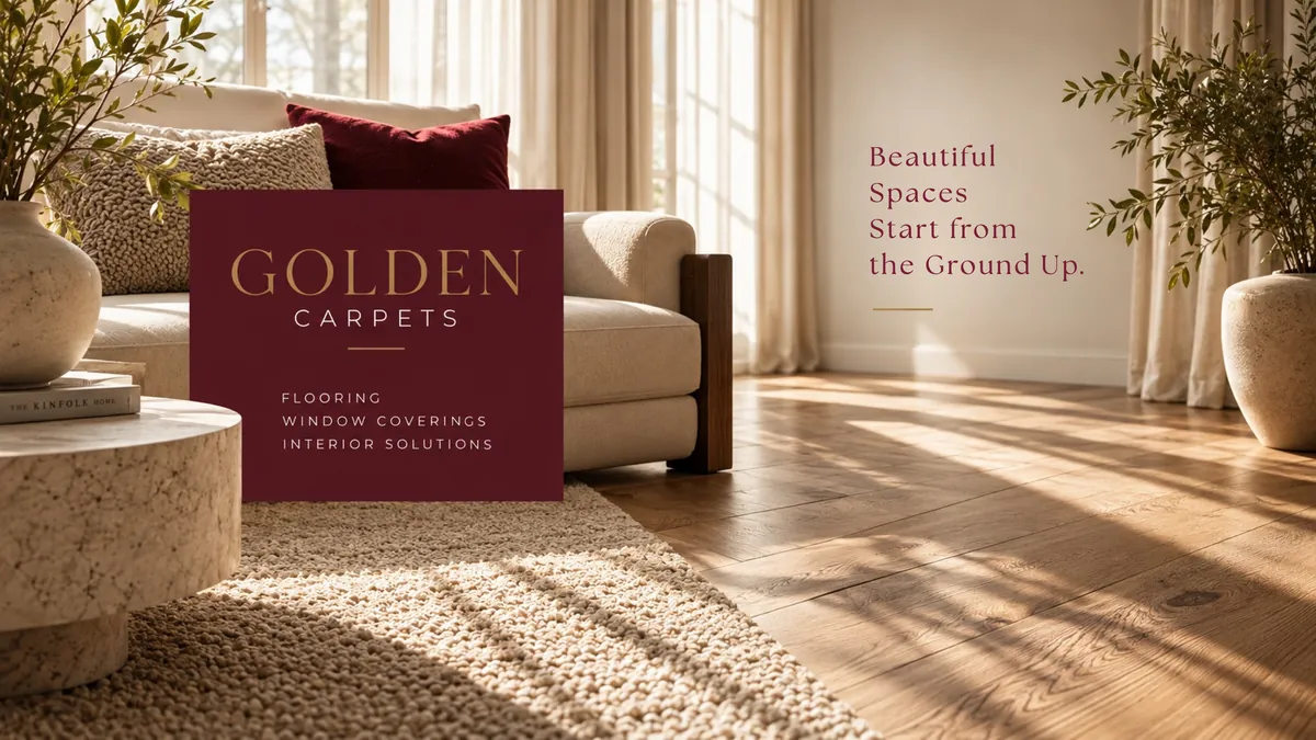 Logotipo de Golden Carpets sobre un bloque burdeos, en un salón con alfombra de lana y suelo de roble iluminado por el sol.