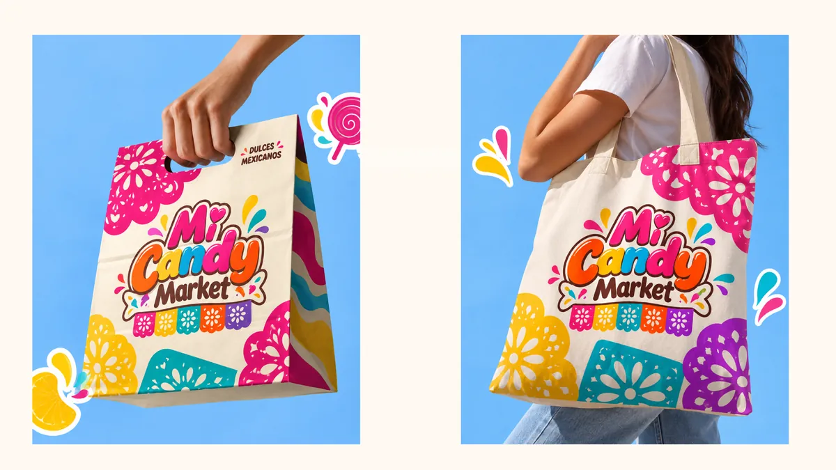 Propuestas de bolsa de papel y tote bag con el logotipo y el papel picado de la marca.