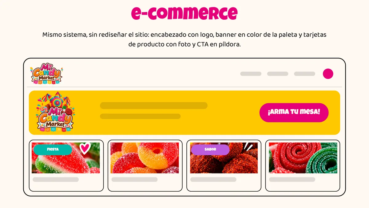 Concepto de e-commerce: encabezado con logotipo, banner amarillo con el botón «¡Arma tu mesa!» y tarjetas de producto.