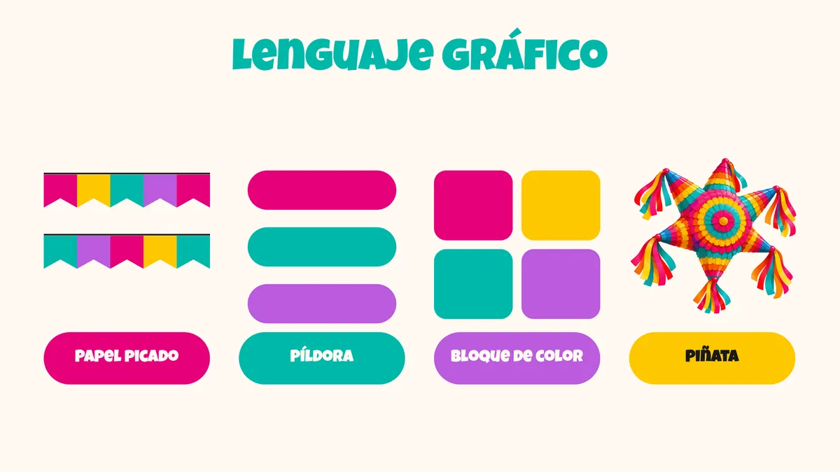 Lenguaje gráfico de la marca: papel picado, píldoras de color, bloques de color y piñata.