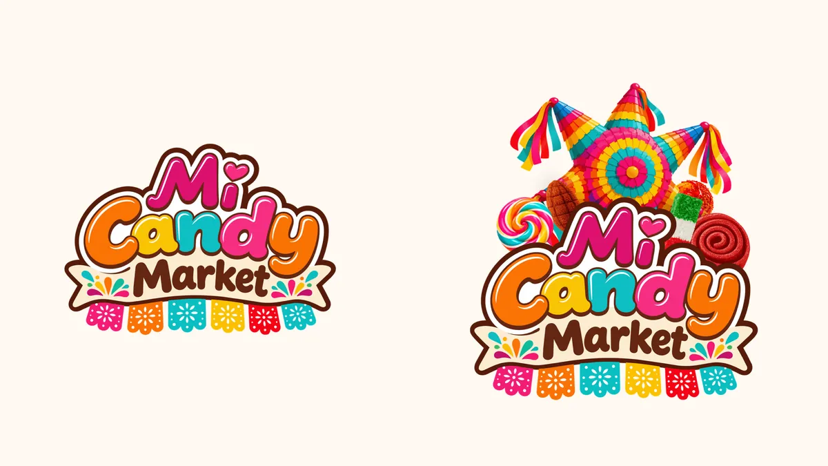 Versión simplificada y versión principal del logotipo de Mi Candy Market; la principal incluye la piñata y los dulces.