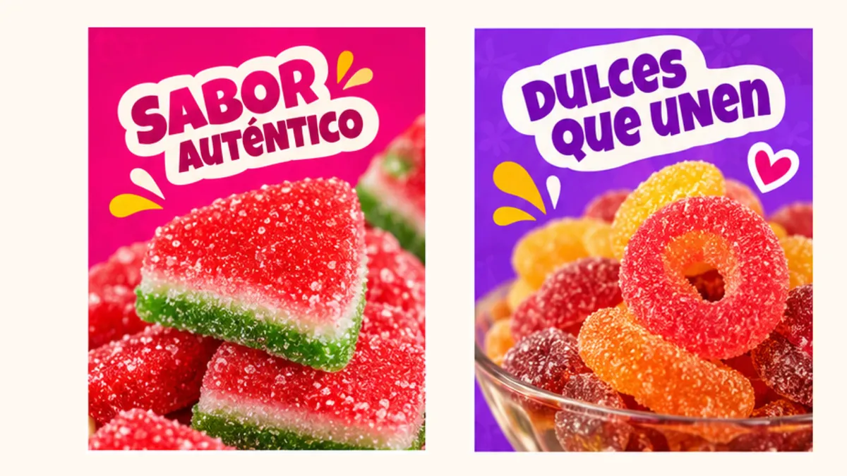 Propuestas de publicaciones para redes con gomitas y los mensajes «Sabor auténtico» y «Dulces que unen».