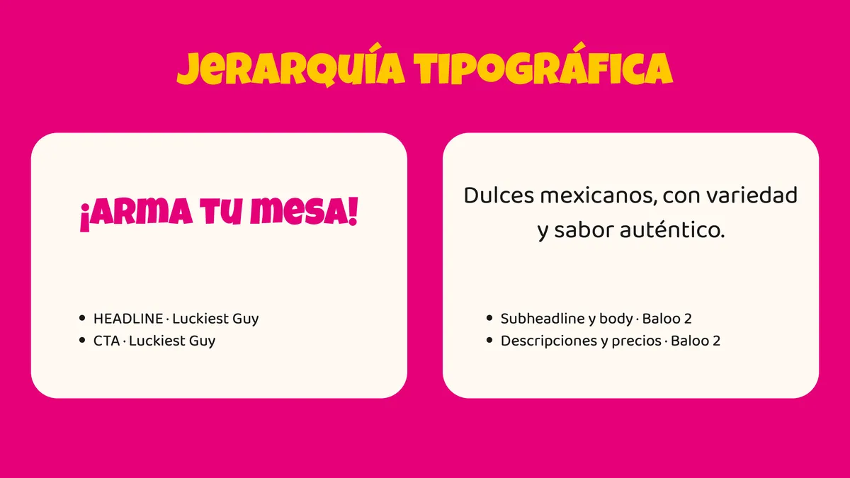 Jerarquía tipográfica: Luckiest Guy para titulares y llamadas a la acción, Baloo 2 para texto y descripciones.