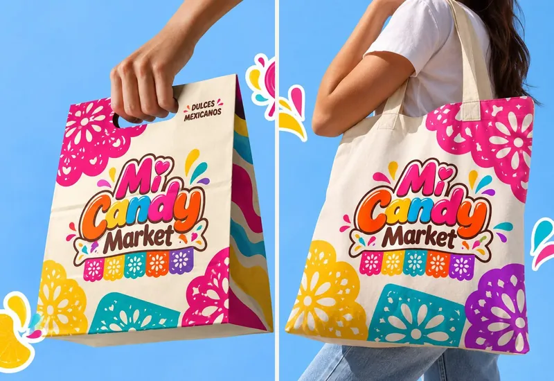 Propuestas de bolsa de papel y tote bag con el logotipo de Mi Candy Market y papel picado.